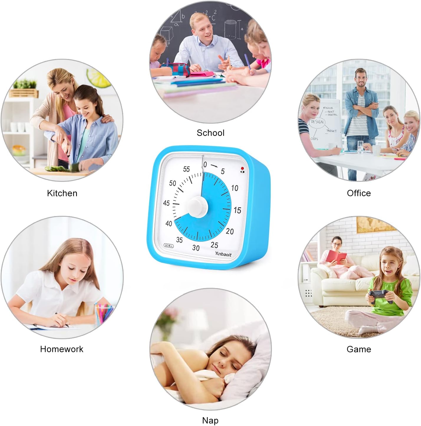 Yunbaoit Rainbow Visual Timer for Kids, 60-min Countdown Timer, Blue | Protective Case, No Ticking, Mute and Ringing Alarm Available, Time Management Tool, Low Power Reminder, for Study,Game,Work