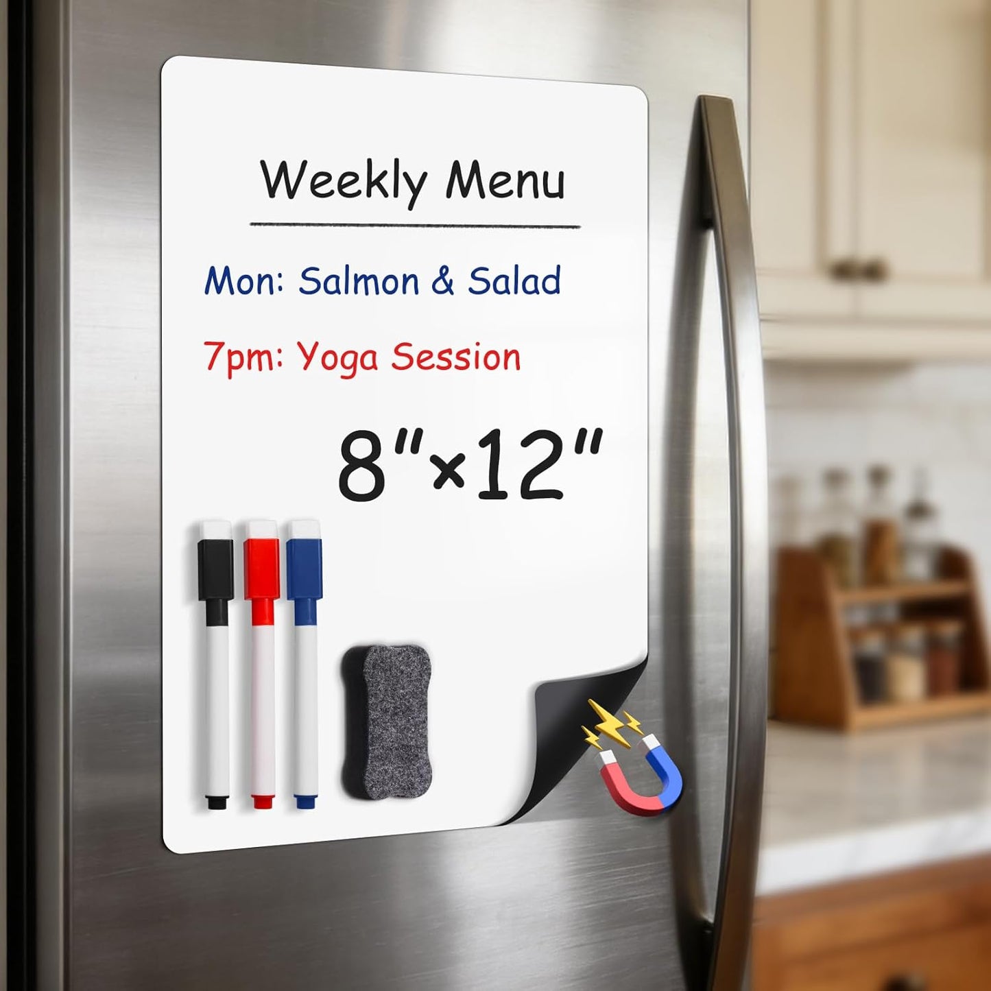 Magnetic White Board for Refrigerator Plan Weekly Menus at a Glance | Dry Erase Sheet for Meal Schedules - 12" x 8" Kitchen Command Center for Busy Moms with Magnet Backing Packed Flat