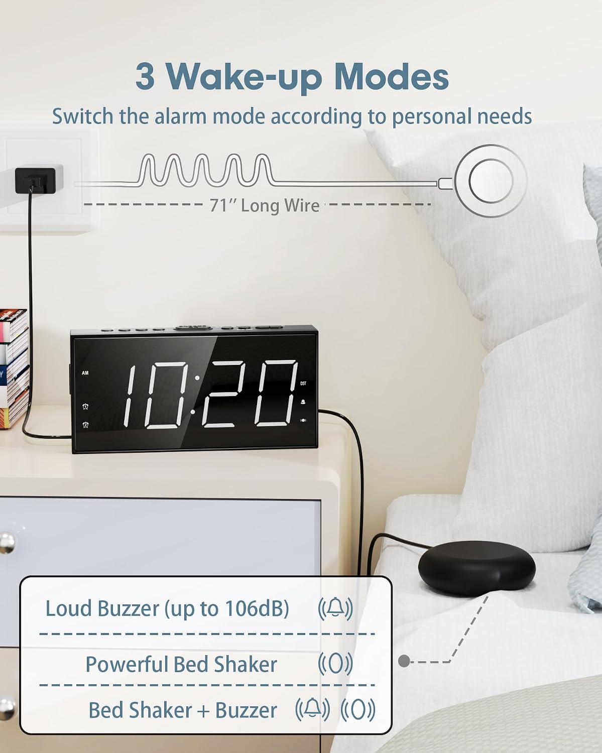 Roxicosly Alarm Clock with Bed Shaker, Vibrating Alarm Clock for Heavy Sleepers/Hard of Hearing/Deaf,Dual Alarms, 7.5’’ Large LED Display, Dimmer, USB Charging Port, Plug-in with Memory Function