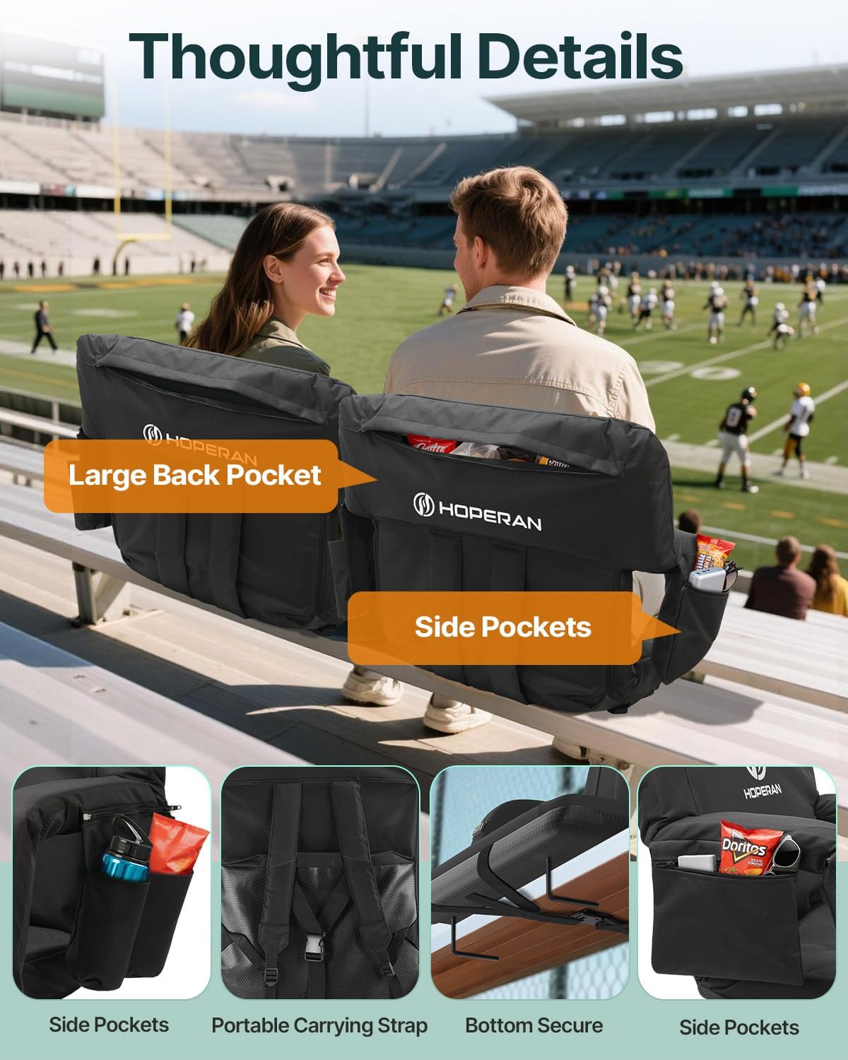HOPERAN Massage Heated Stadium Seats for Bleachers, Dual Control, Portable | Back Massage, Seat Heated (Battery Not Included), Lumbar Pillow, 6 Recliner, Soft Cushion, Anti-Slip Stability, Side Pockets