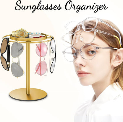 LSK Metal Sunglasses Organizer, Glasses Holder Stand with Storage Tray | Eyeglasses Holder with Anti-Slip Pads for Tabletop, Desk, Dresser, Matte Black
