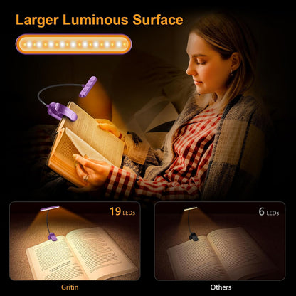 Gritin Rechargeable Book Light for Reading in Bed with 19 LED | Eye Caring 3 Color Temps,5 Brightness Levels,Memory Function,90 Hrs Runtime Flexible Goose Neck Clip on Light for Book Lovers