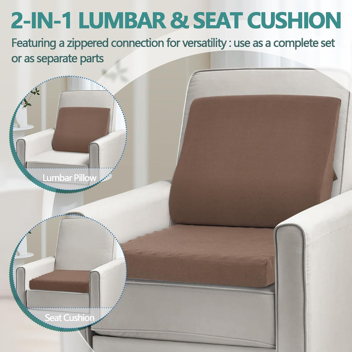 Shinnwa Lumbar Support Pillow for Recliner, Ultra-Soft Foam Back Support Pillow and Egg Crate Foam Seat Cushion 2-in-1 for Couch, Office Chair, for Back Pain Relief, Brown