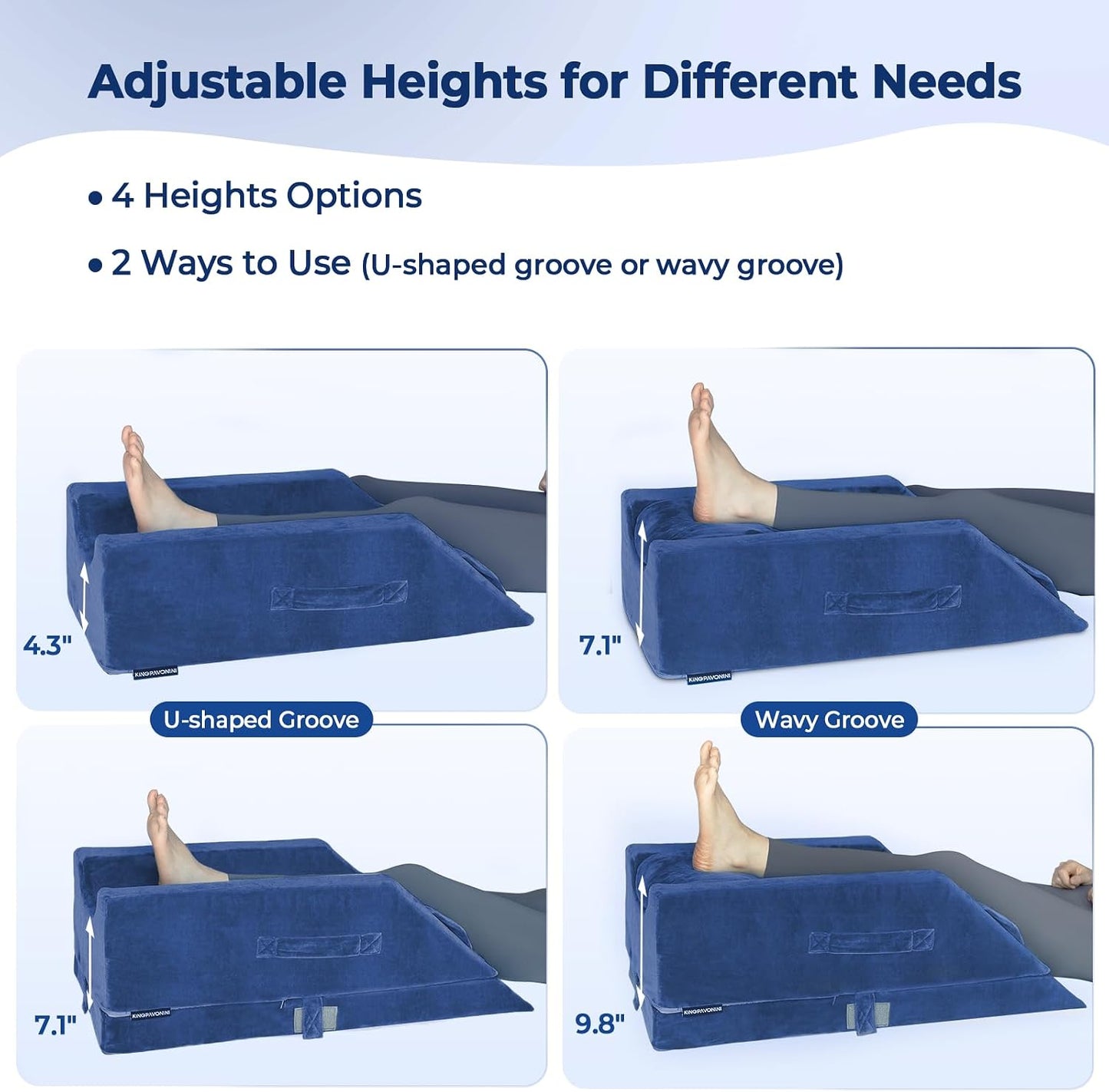 KingPavonini 4-Height Adjustable Leg Elevation Pillows for After Surgery | Soft Yet Supportive Memory Foam, Fits Various Heights, Relieve Pain & Swelling, 4 Handles & Insert Pad, Washable Velvet Cover