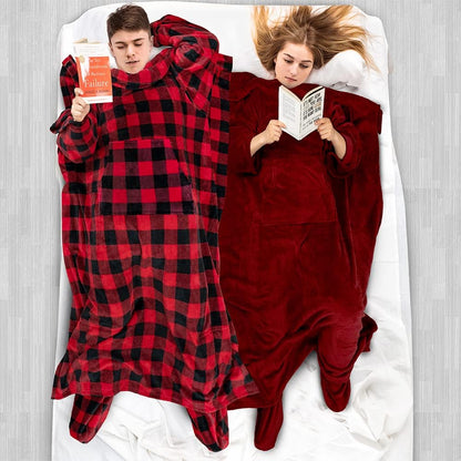 PAVILIA Fleece Blanket with Sleeves and Foot Pockets Women Men, Dark Purple