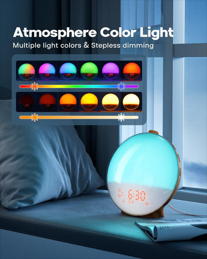 Sunrise Alarm Clock for Heavy Sleepers, Wake Up Light with Sunrise/Sunset Simulation, Dual Alarms & Natural Sounds, Snooze & Sleep Aid, FM Radio, 7 Colors Night Light for Bedroom, Ideal for Gift
