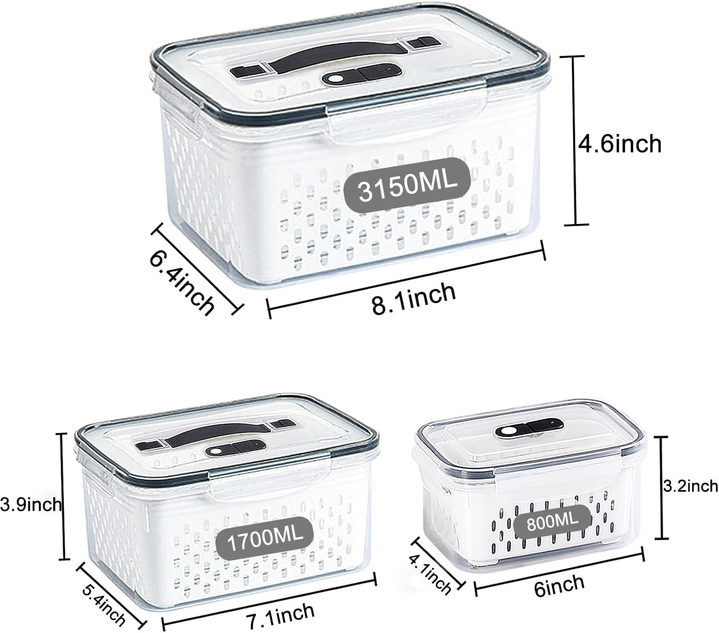 3Pack Fridge Food Storage Container Set with Lids with Strainer, Fruit Vegetable Storage Containers Keep Fruits, Vegetables, Berry, Meat Fresh longer, BPA-Free Plastic Produce Keepers
