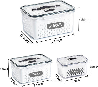 3Pack Fridge Food Storage Container Set with Lids with Strainer, Fruit Vegetable Storage Containers Keep Fruits, Vegetables, Berry, Meat Fresh longer, BPA-Free Plastic Produce Keepers