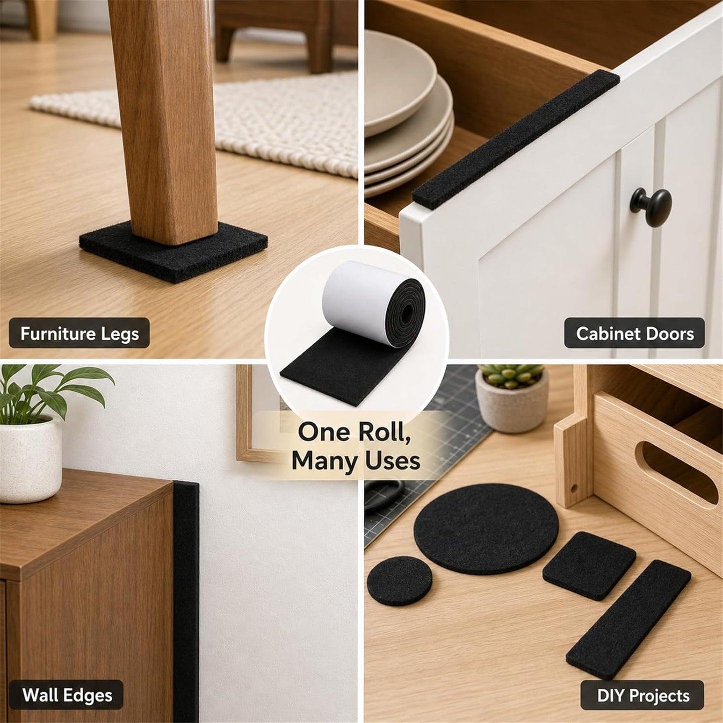 Felt Furniture Pads, Self Adhesive Felt Sheets Roll, Cuttable Felt Pads for Furniture Legs, Heavy Duty Furniture Pads for Hardwood Floors, Chair Wall Protector, Black, 40 x 5 x 0.12 Inch
