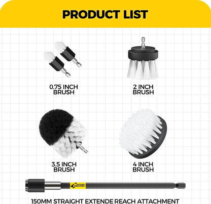 Holikme 6Pc Drill Brush Set - Soft Bristles with Extension for Home Clean | 5 Head Sizes, Yellow Nylon Fibers, Power Scrubber Attachments for Tile, Tub, Shower, Floors, Kitchen and Auto Interior Care