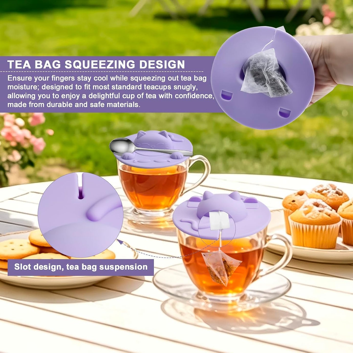 Enenes 4 Pack Silicone Tea Bag Holder and Squeezer, 4 Inch Cat-Shaped Cup Lid Cover for Tea Bags, Reusable Dishwasher Safe Mug Cover for Tea Cups and Coffee Mugs