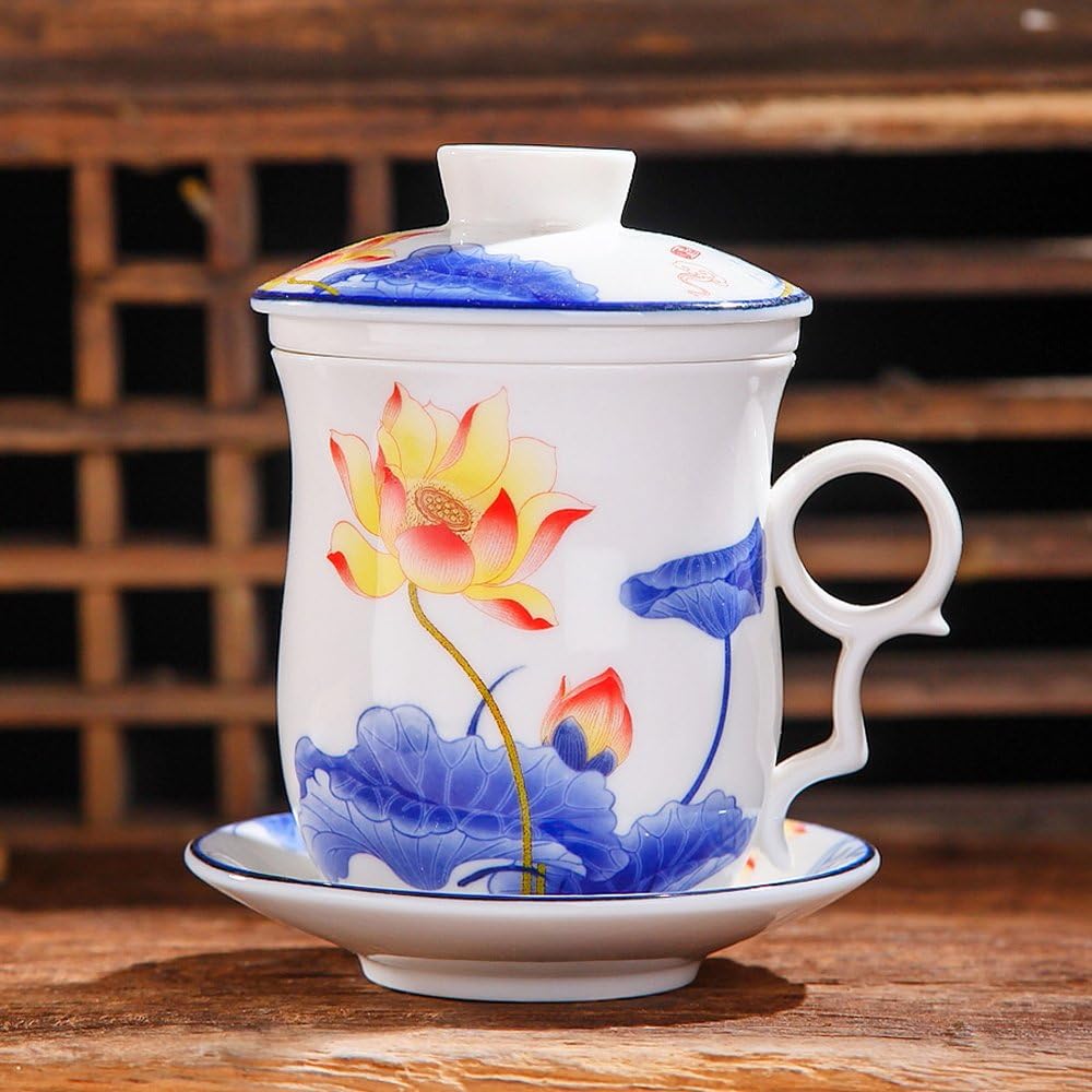 Porcelain Tea Cup with Infuser Lid and Saucer Sets - Chinese Jingdezhen Ceramics Coffee Mug Teacup Loose Leaf Tea Brewing System for Home Office