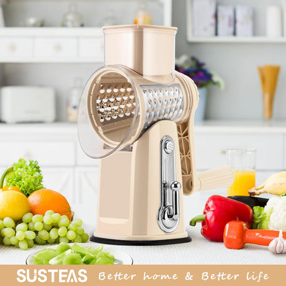 SUSTEAS Rotary Cheese Grater 5 Blades,Kitchen Mandoline Vegetable Slicer | White, Easy to Clean, Strong Suction Base, 5 Blades Storage Box, Round Mandoline Slicer & Food Chopper for Salad