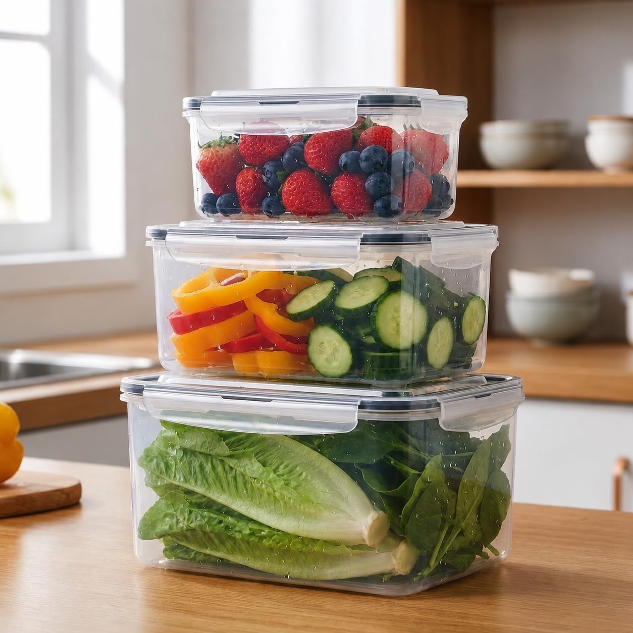 3-Pack BPA-Free Food Storage Containers with Lids & Removable Strainer – Airtight Fridge Organizer & Fresh Produce Keeper for Fruits, Vegetables & Meat, Dishwasher & Freezer Safe (0.85L, 1.75L, 3.3L)