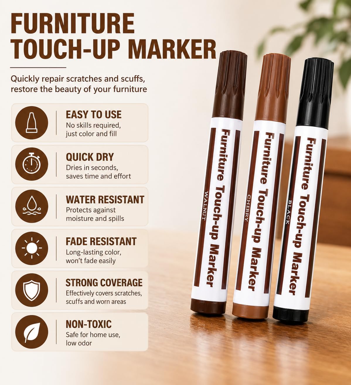 Furniture Repair Wood Markers Set of 3, Black Cherry Walnut Touch Up Paint Markers for Scratches, Wood Floors, Tables, Cabinets & Furniture Restoration