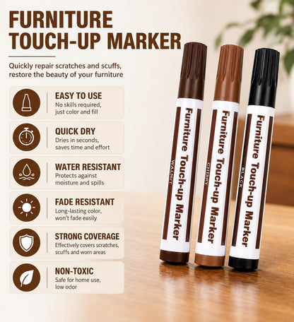 Furniture Repair Wood Markers Set of 3, Black Cherry Walnut Touch Up Paint Markers for Scratches, Wood Floors, Tables, Cabinets & Furniture Restoration