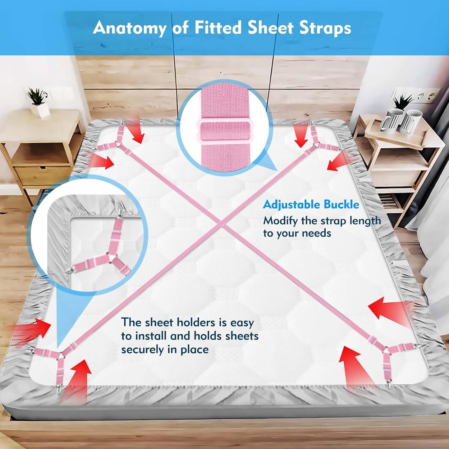 Bed Sheet Straps, 2Pcs Elastic Adjustable Bed Sheet Holder Straps, Fitted Sheet Straps to Hold Sheets in Place with Metal Clips, Sheet Holders for Mattress Cover, Sheet, Sofa Cushion (Black)