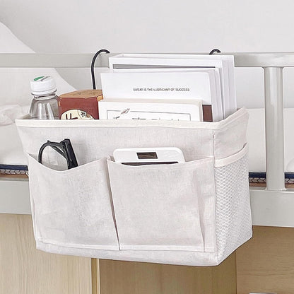 Bedside Caddy Organizer Hanging Storage Basket with Large Pockets & Hooks, Heavy-Duty Canvas Bedside Organizer for Bunk Beds, Dorm Rooms, Hospital Beds & Small Spaces (Gray Triangle Pattern)