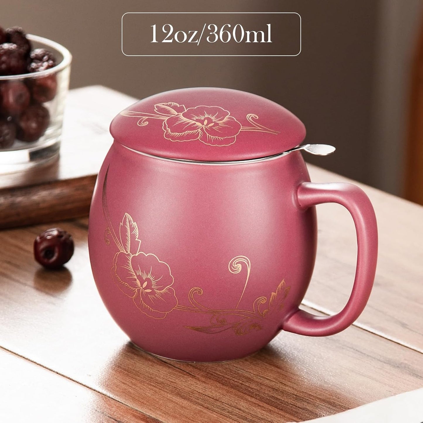 Yundu 12 OZ Matte Purple Ceramics Teacup with Infuser and Lid, Mug with Lid for Steeping - Stainless Steel Infuser for Loose Leaf Tea, Home Office Gift for Tea Lovers