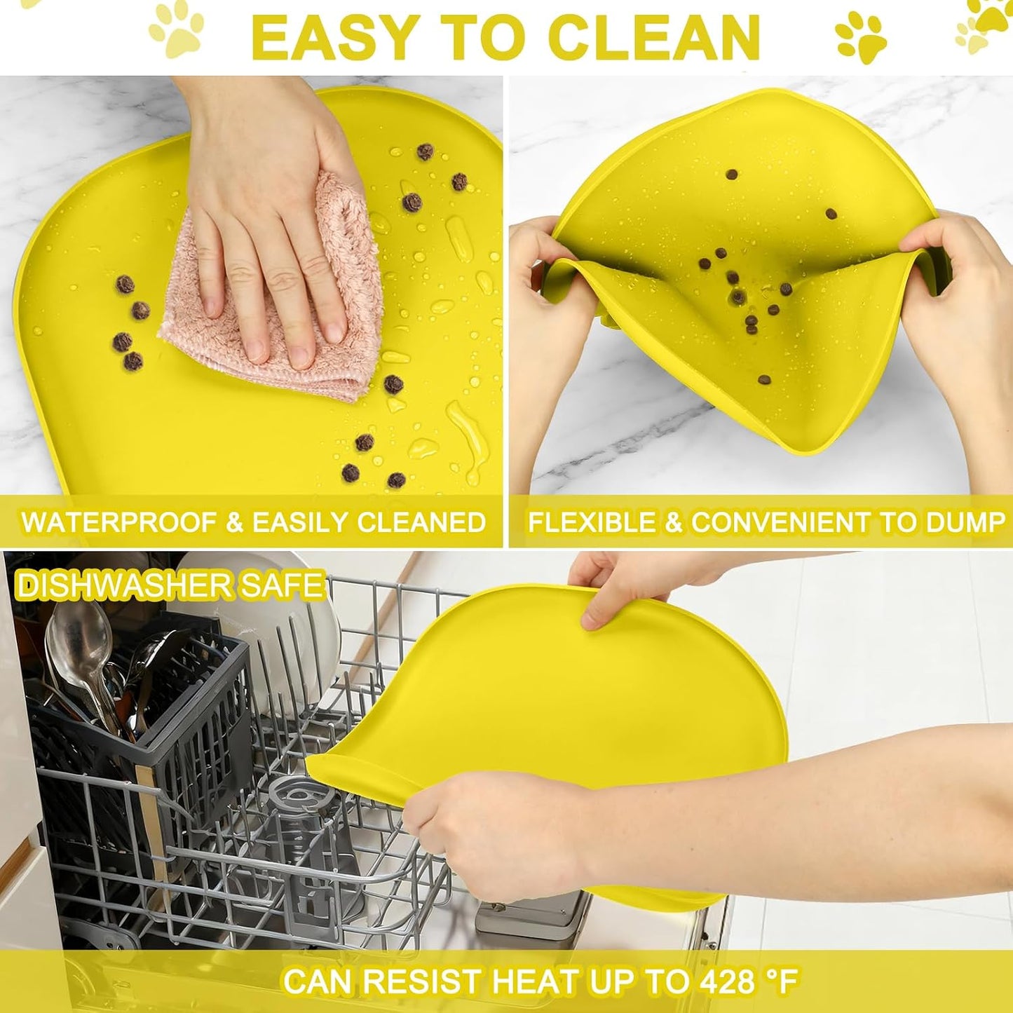 SMILOOL Waterproof Silicone Pet Food Mat with Raised Edge for Dog & Cat | 19" x 12" Non-Slip Pet Feeding Mats with Lip for Food & Water Bowl, Food Grade, Easy Cleaning, Black