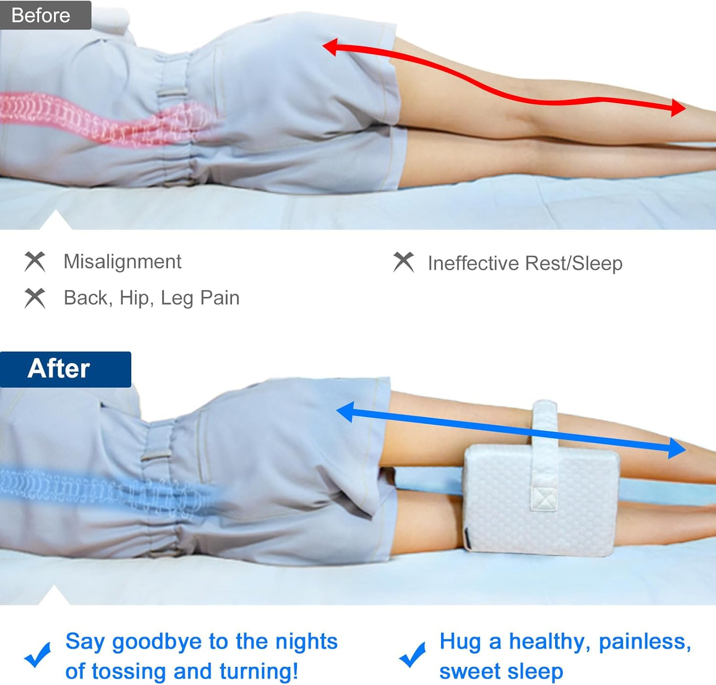 KingPavonini Leg Pillow for Side Sleeping, White & Green | Cooling Gel Memory Foam Knee Pillow for Side Sleepers, Ice Silk Cover & Adjustable Strap, Relieves Hip, Sciatica & Back Pain