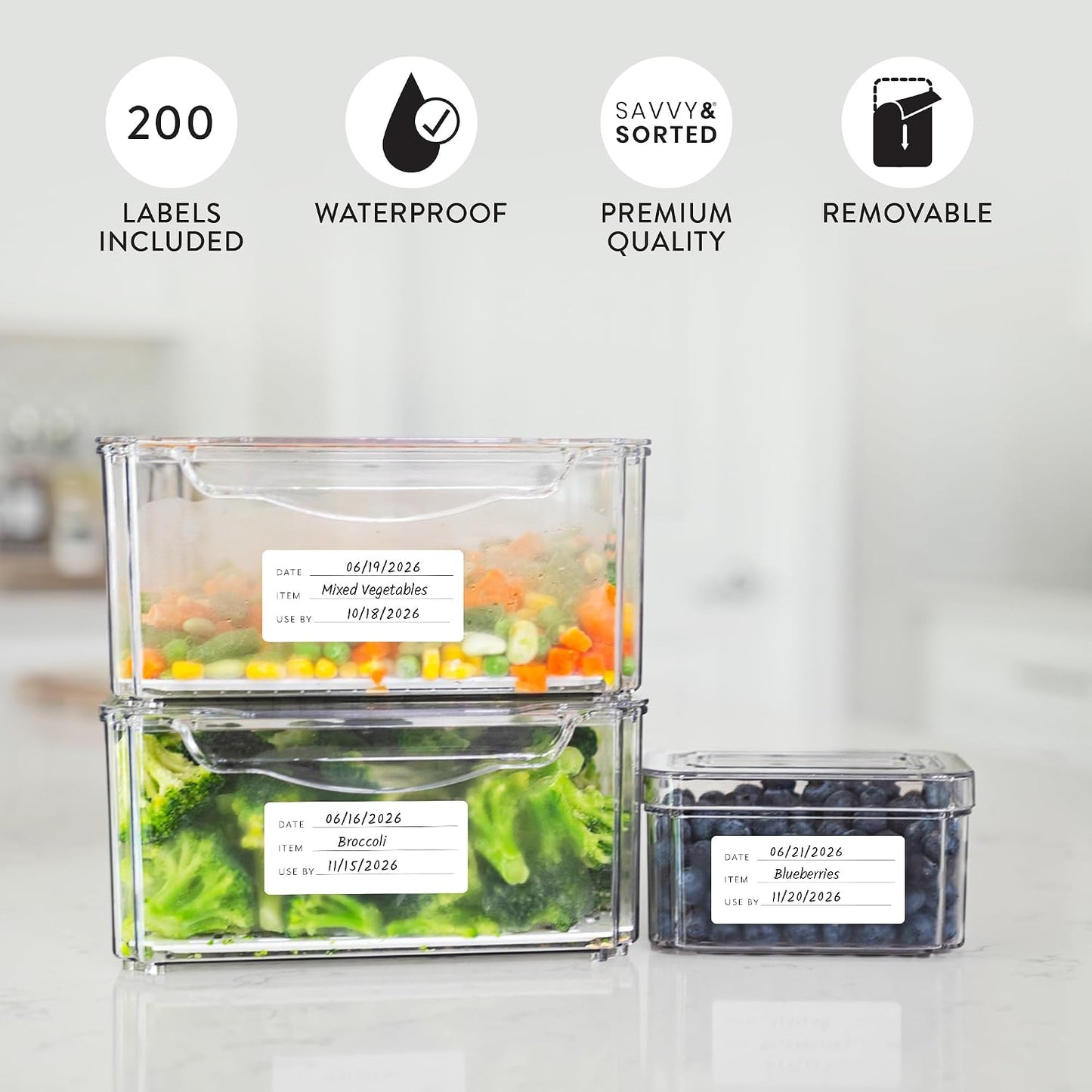 200 Meal Prep Freezer Food Labels - 2.75 x 1.25 Inch Freezer Tape Labels for Food Containers to Write On, Removable Easy Peel Off, Kitchen Pantry Storage Stickers, Oil Water Resistant