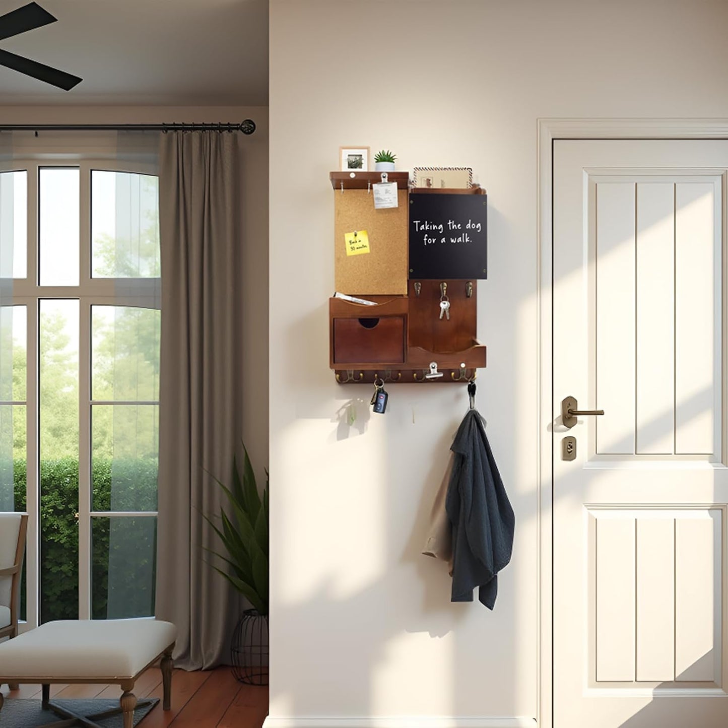 Key Holder for Wall Mount with Shelf and Mail Organizer, Key and Mail Holder with 16 Hooks, Farmhouse Entryway Organizer, Home Decor Rack (Pine Wood, White Washed)