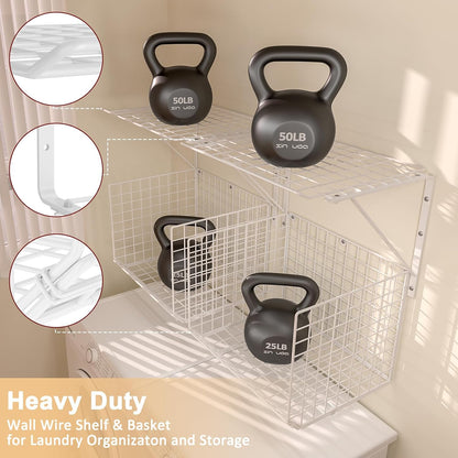 3IngSeagulls 2 Pack Laundry Room Shelves, Wire Baskets with 8 Hooks, Over Washer and Dryer Shelf, Wall Mounted Storage and Clothes Drying Rack, Black