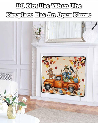 Happy Fall Magnetic Fireplace Cover, Fireplace Draft Blocker, Thanksgiving Truck Pumpkin Leaf Scarecrows Fireplaces Blanket for Heat Loss/Cold Air, Fireplaces Draft Stopper Cover for Inside 45''x34''