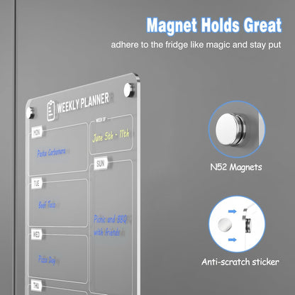 Magnetic Meal Planner for Fridge | Acrylic Weekly Planner with Chalk Marker for to-Do List, Shopping List, Menu List (8 x 12)