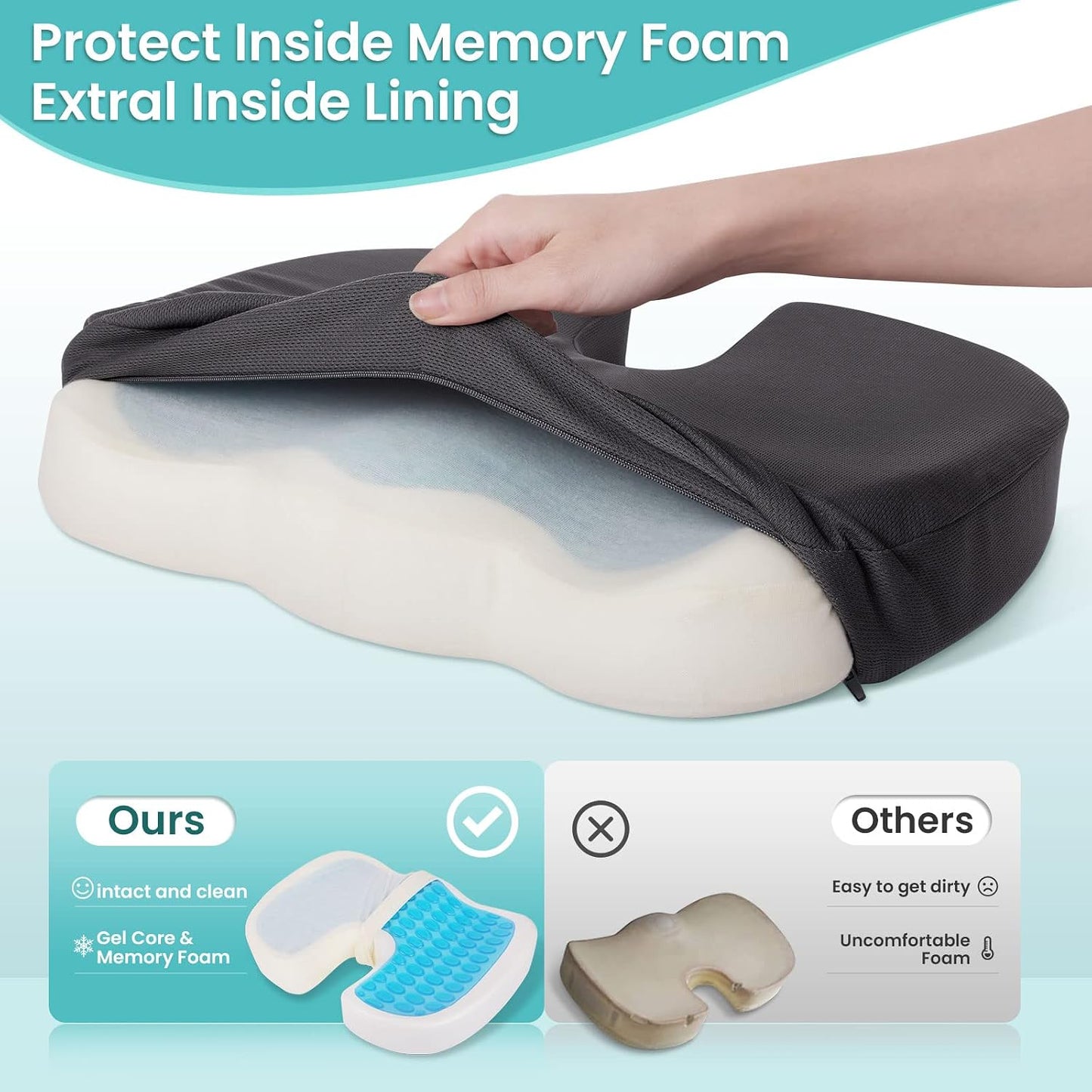 Gel Seat Cushion, Enhanced Memory Foam Cushion for Tailbone Pain, Black | Cooling Gel for Office Chair, U-shaped Design Chair Cushion for Gaming, Car, Wheelchair, Non-Slip Base, Washable Cover