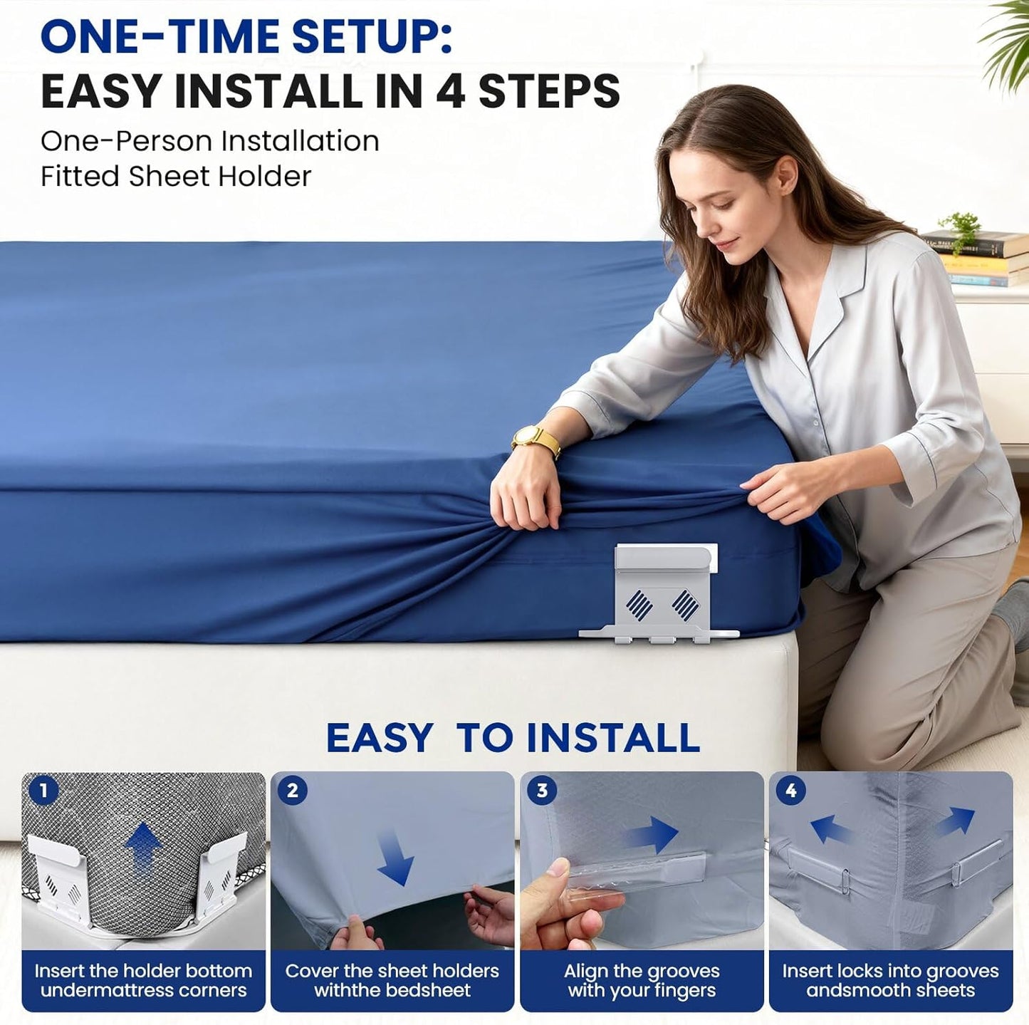 Bed Sheet Holders for Corners, Fitted Sheet Holders for Secure Grip, 4Pack | Heavy Duty Sheet Grippers Keep Sheets Firm & Tight, Bed Sheet Clips with Clear Lock Design, Easy Install for All Mattress