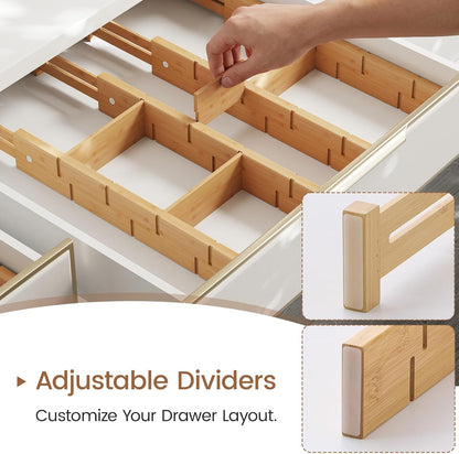 Bamboo Drawer Dividers 8 Pack with Inserts, Kitchen Adjustable Drawer Organizers for Home, Bedroom, Dresser, Expandable Organization 8 Dividers with 16 Inserts