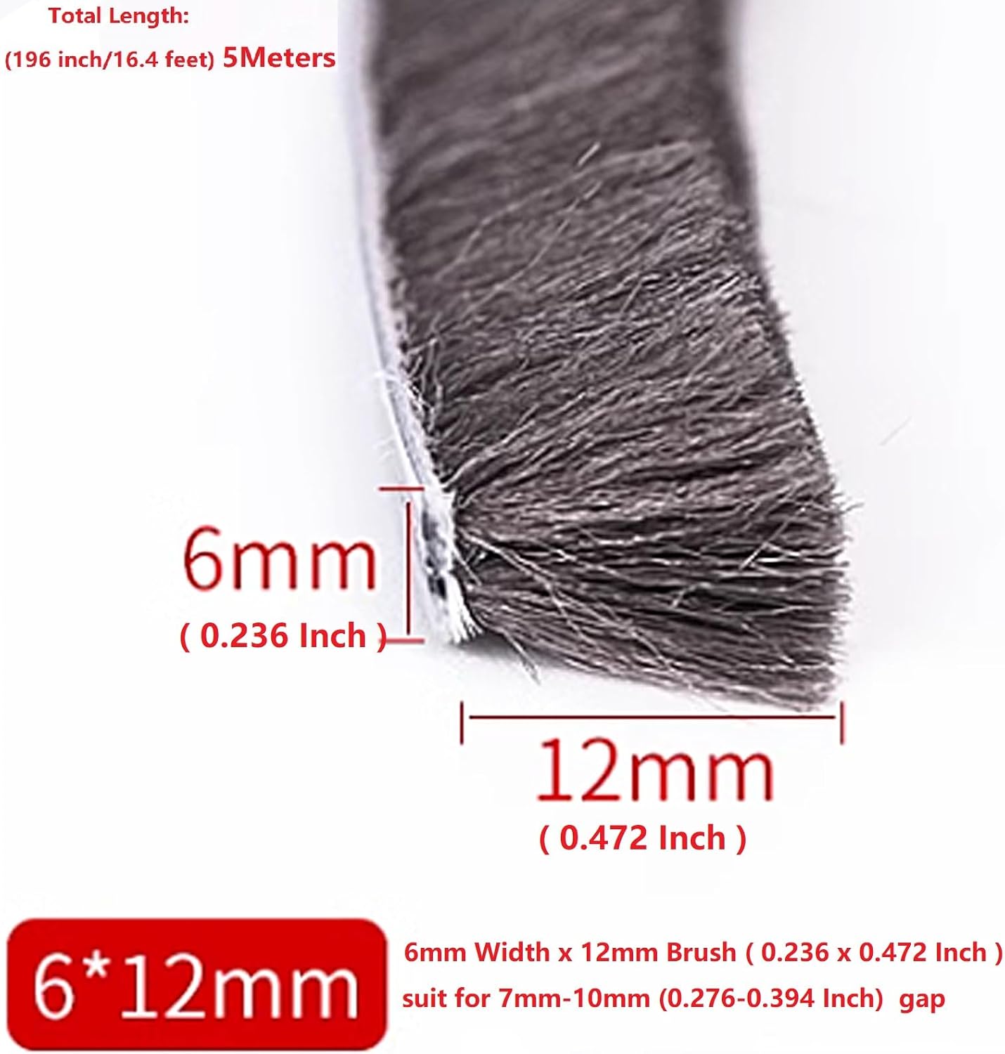 16 Ft (5m) 196 Inch Sliding sash Windows Doors Tape Pile Draught excluder Brush Seal Strip weatherstrip 7mm x 12mm (7/24 1/2 Inch, Gray)