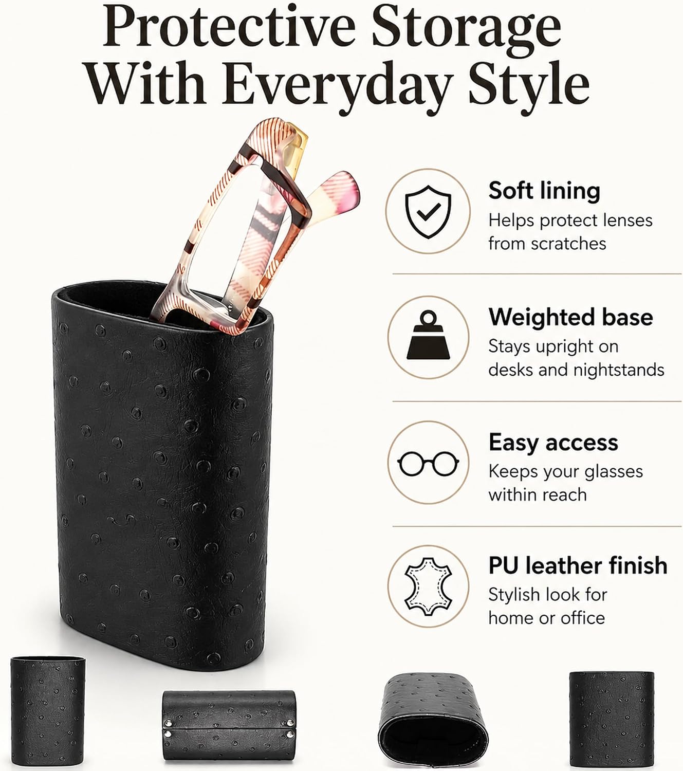 Calabria Desktop Eye Glasses Holder Soft Lining Weighted Base Eyeglasses Stand Case Desks Nightstands PU Leather Mens Womens