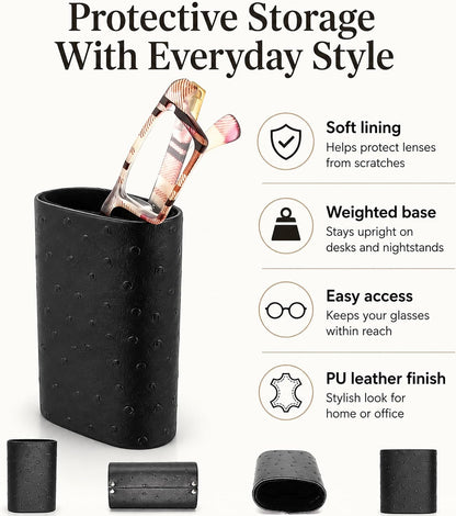 Calabria Desktop Eye Glasses Holder Soft Lining Weighted Base Eyeglasses Stand Case Desks Nightstands PU Leather Mens Womens