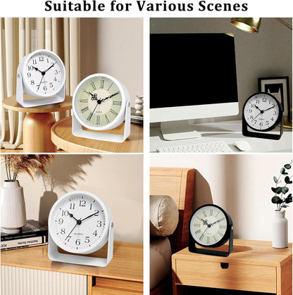 Analog Alarm Clock - 4.5" Silent Non Ticking Small Clock with Light, Rotatable Stand Metal Desk Clock Battery Operated, Simple Design for Living Room Decor/ Bedroom/Bedside/Shelf (Black & White)