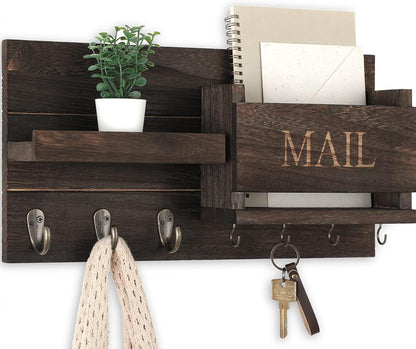 Lwenki Mail Organizer for Wall Mount – Key Holder with Shelf Includes Letter Holder and Hooks for Hallway Farmhouse Decor – Rustic Wood with Flush Mounting Hardware (16.5” x 9.1” x 3.4”) (White)