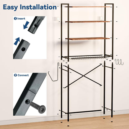 Laundry Room Storage Shelf & Organizer, 2 Tier Metal Over Washer and Dryer Shelves, Washing Machine Shelf with Hanger Rod, Expandable Bathroom Space Saver Shelf, 26–37" L x 15.8" W x 59.5" H, Black