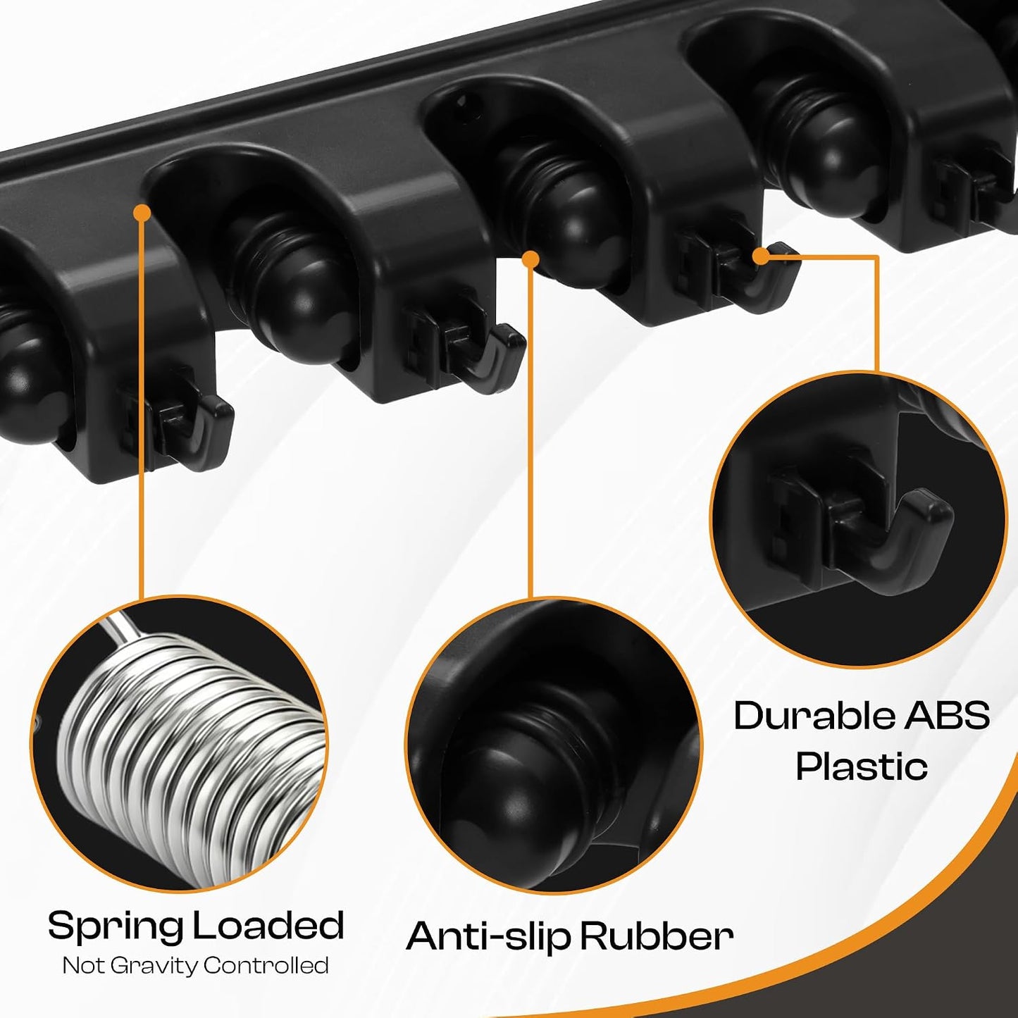 Stainless Steel Broom Holder Wall Mount, 3 Racks & 4 Hooks | Waterproof organizer for mops, brooms, tools and garden equipment, adjustable wall storage, black