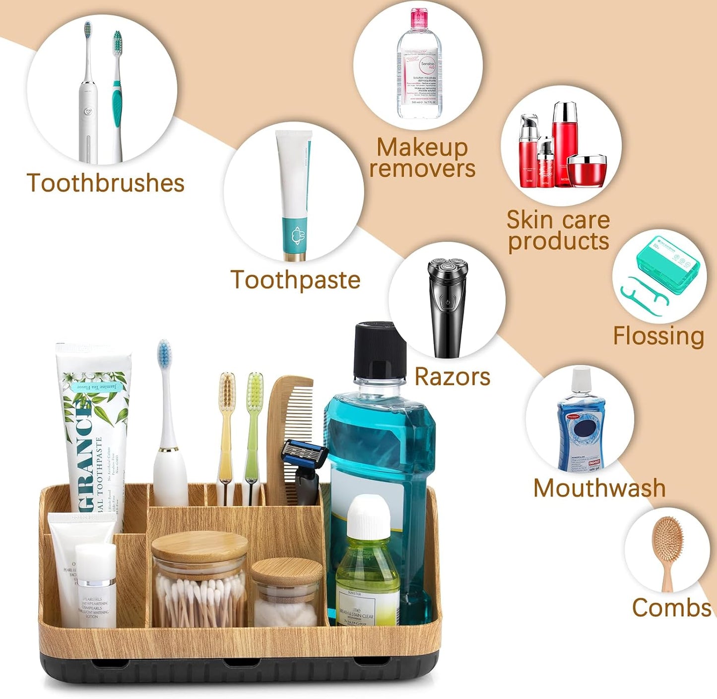 GFWARE Black Toothbrush Holder - 7 Slots Bathroom Organizer Countertop with Drainage Matte Black Electric Toothbrush and Toothpaste Holder for Bathroom Accessories Sink Storage