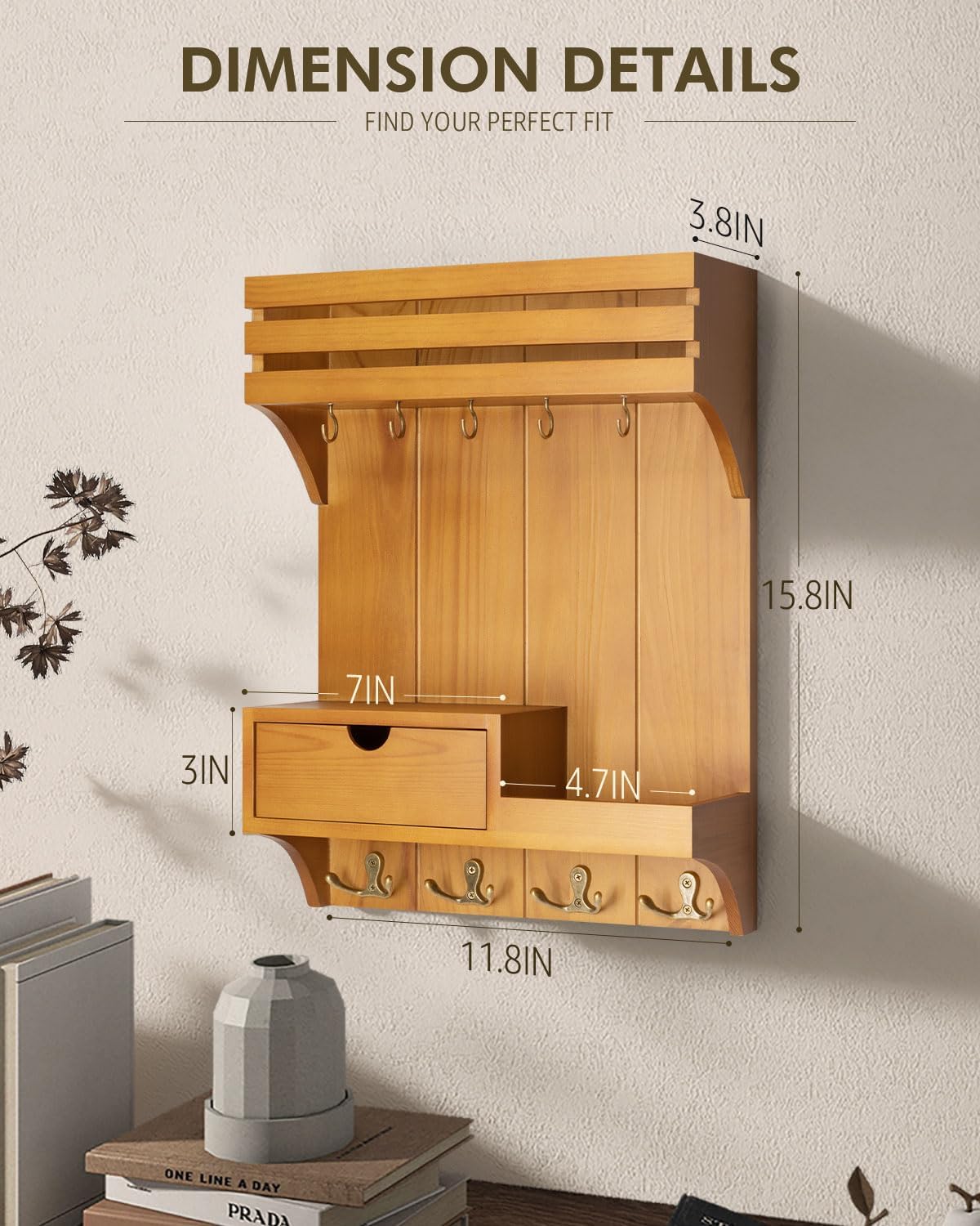 Rebee Vision Key Holder Wall Mount with Drawer Organizer for Entryway,Brown | Pine Wood, 6 Key Hooks, Display Shelf for Plants, Mail Slot for Storage Letter, Multi-Funtional Design, Home Storage