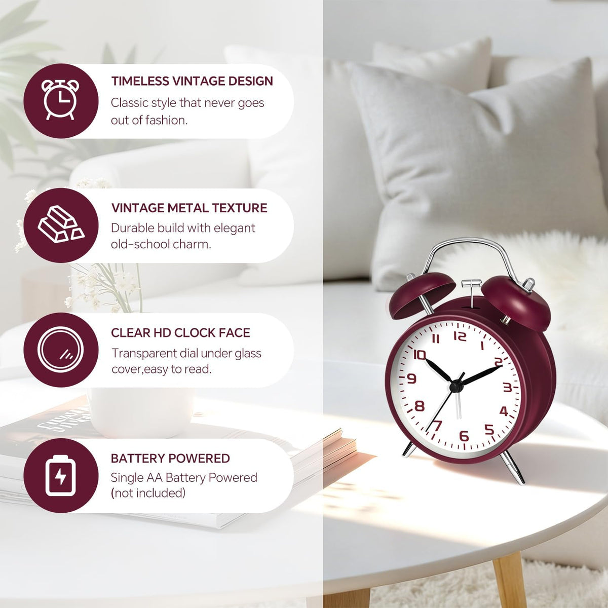 4.5" Metal Loud Alarm Clock for Heavy Sleepers Adults, Analog Battery Operated Alarm Clock with Bells Glow in Dark Numbers, Silent Old School Bedside Desk Clock for Bedroom Office Kids, Black