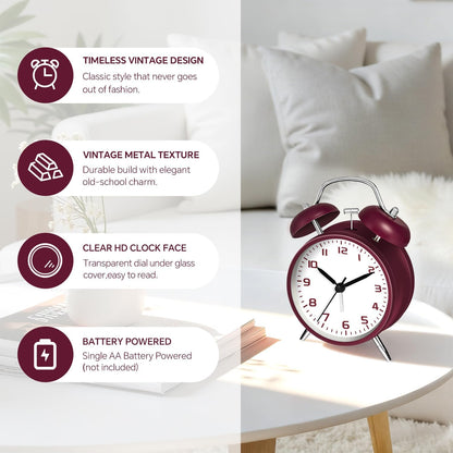 4.5" Metal Loud Alarm Clock for Heavy Sleepers Adults, Analog Battery Operated Alarm Clock with Bells Glow in Dark Numbers, Silent Old School Bedside Desk Clock for Bedroom Office Kids, Black
