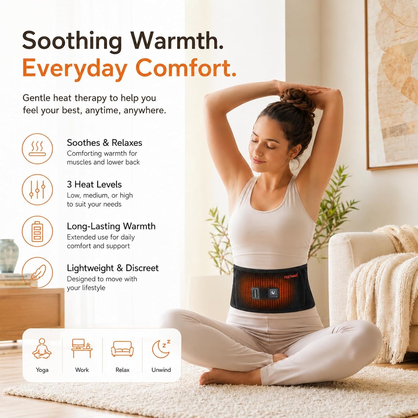 Heated Waist Belt, Cordless Lower Back Heating Pad, Black | Supports both battery-powered and adapter-powered use,Three-level adjustable temperature, rechargeable battery