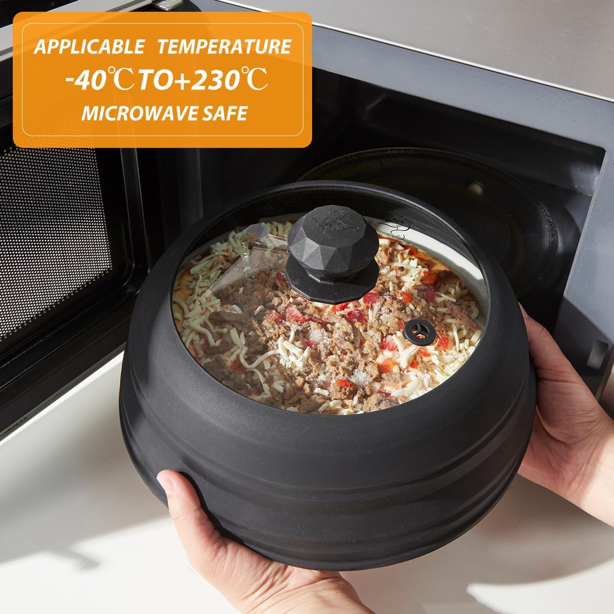 Microwave Splatter Cover Vented Glass Cover Splatter Guard Lid with Collapsible Silicone for Food as Pot Cover Plate Cover 10.8 inch for 6 7 8 9 10 inch Plate Bowl Light Grey