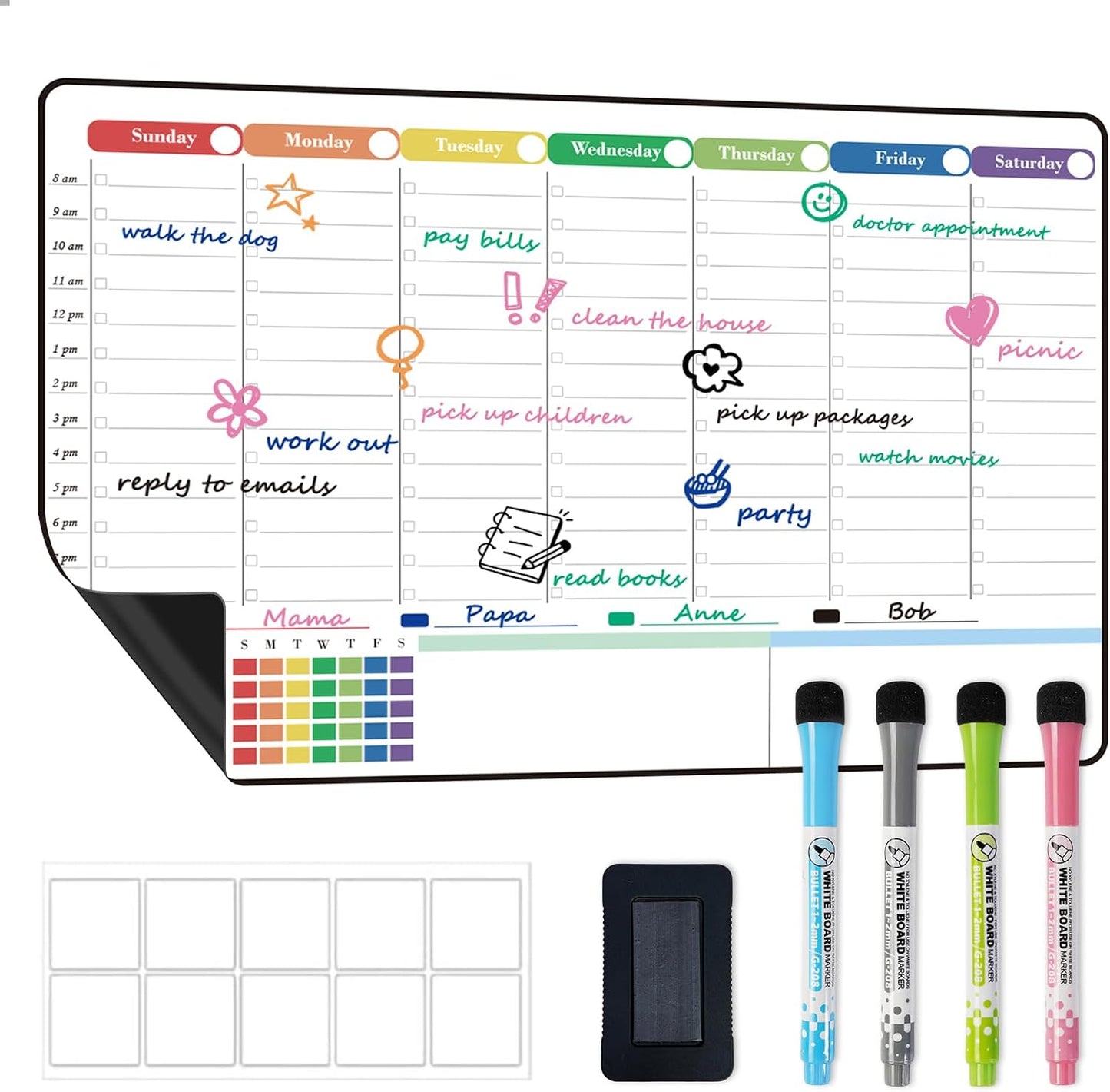 POPRUN Dry Erase Weekly Calendar Whiteboard, Magnetic Hourly Schedule Board | 16.9 x 11" Weekly Planner for Fridge, Time Slots, Family Daily Planning for Refrigerator, Homeschool, Work