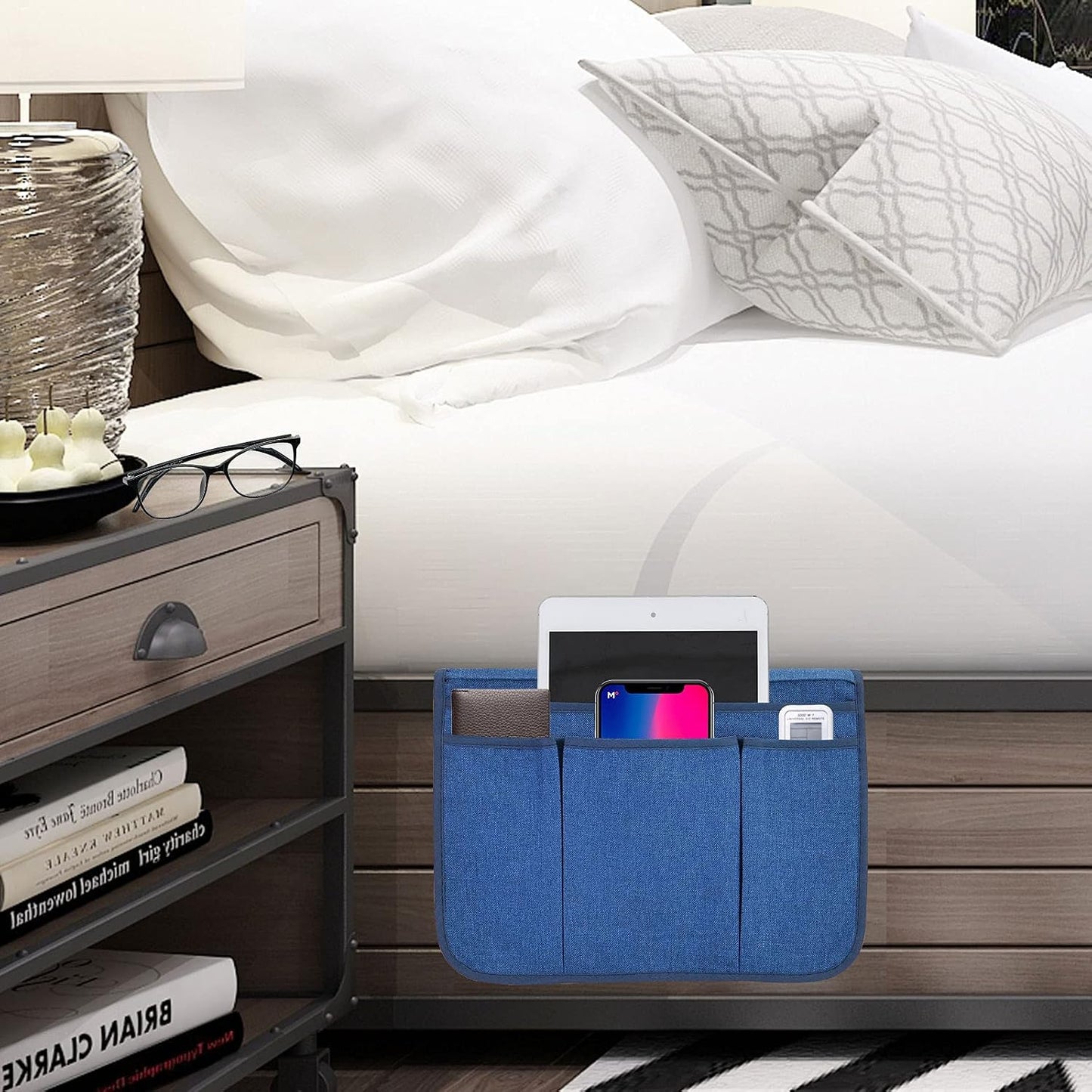 Bedside Caddy Bedside Storage Organizer Magazine Phone Tablet iPad Remote Holder, Organizer Caddy for Home College Dorm Bed, Sofa, Bunk Bed (Grey)