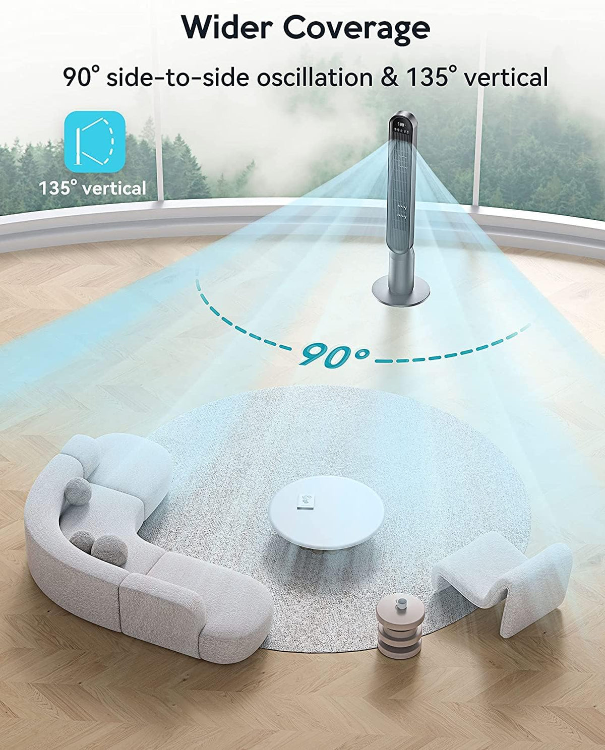 VAGKRI Tower Fan for Bedroom, 42 Inch Quiet Floor Fan with 135° Vertical 90°Oscillation Fans for Indoors, 4 Modes, 4 Speeds, 15H Timers Standing Bladeless Fans with Remote Black