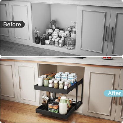 Golener 2-Tier Expandable Pull Out Cabinet Organizer, Cabinet Drawers, 16"D | Cabinet Pull Out shelves, Adjustable Pantry Drawers, Slide Out Drawers for Kitchen Cabinets, Under Sink Organizer, Black